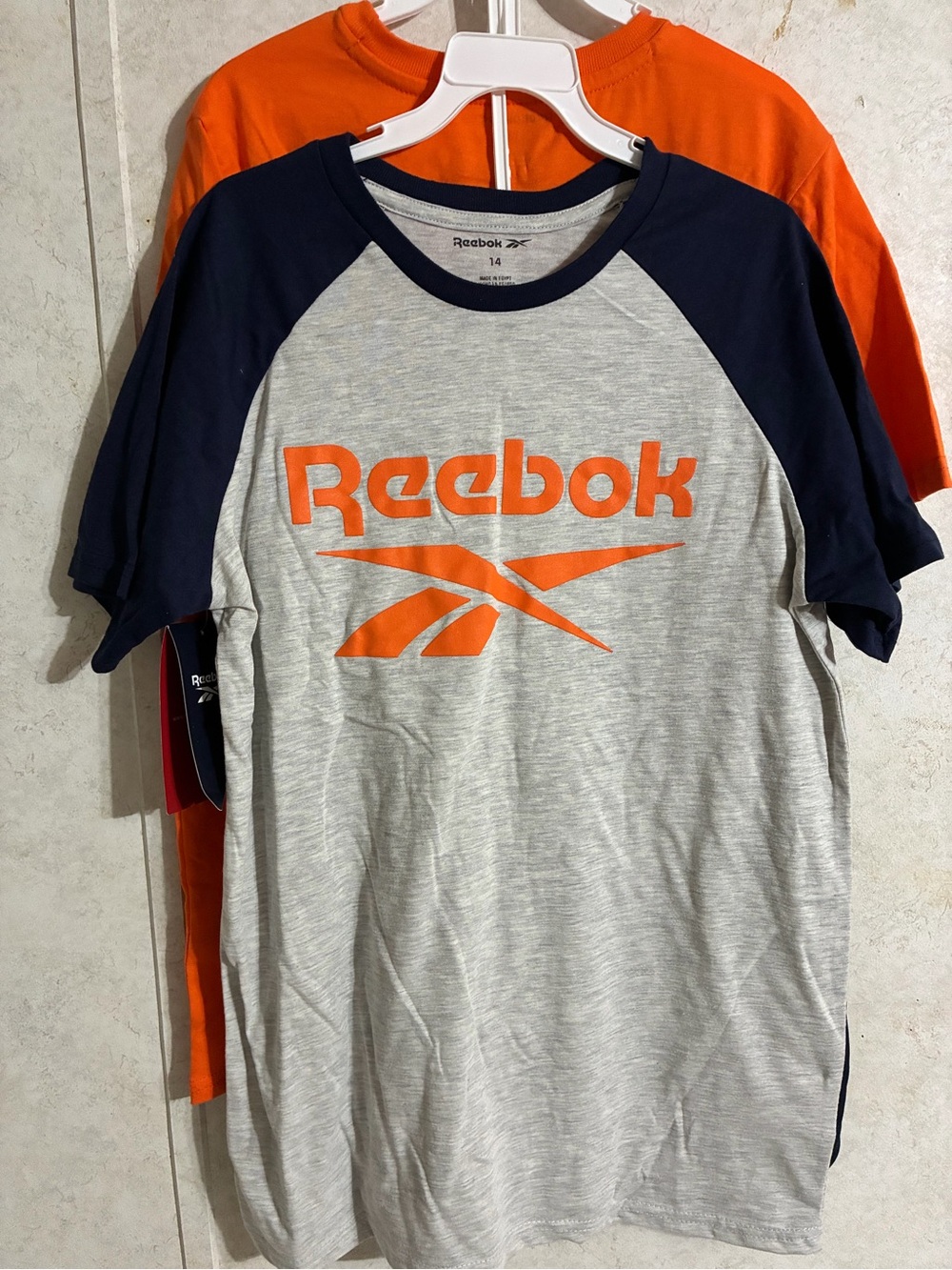 Reebok Boys Gray & Navy Raglan Tee with Orange Logo 2 tees and 1 shorts